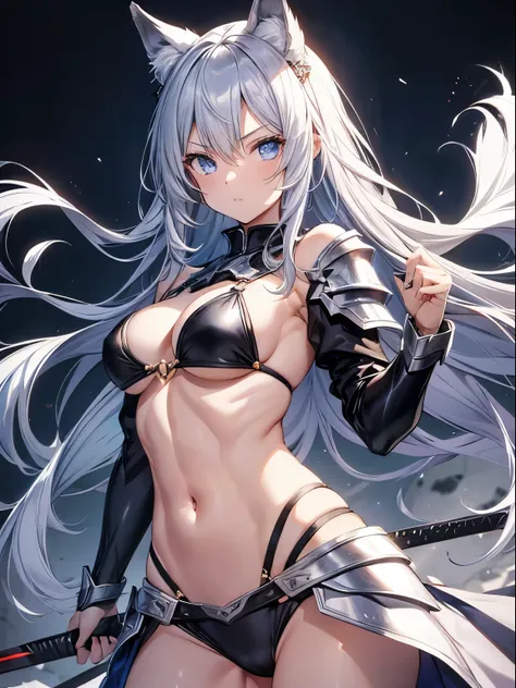 1 girl,Serious,silber hair,Wolf ears,eBlue eyes,bikini armor,holding a longsword,Abs,dynamicposes,dynamic angle,Complicated details, hyper realisitc, perfect anatomia