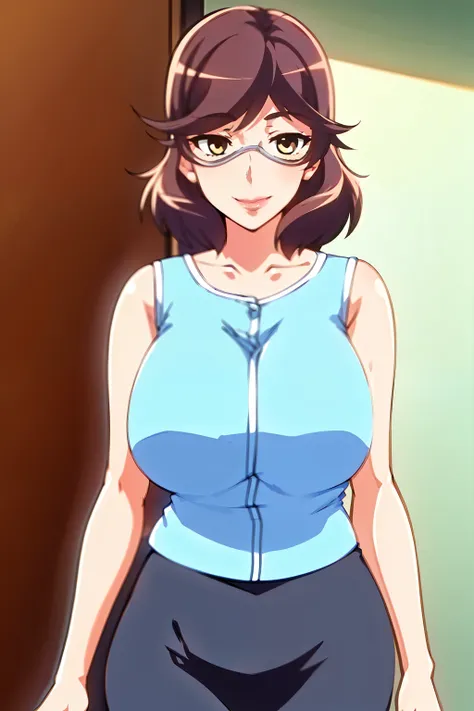 anna-san,standing in the bedroom, navy skirt, light blue blouse sleevesless,