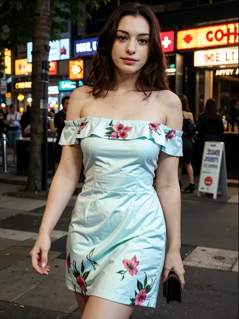 25 y.o, off shoulder dress, motif, face like anne hathaway, new york