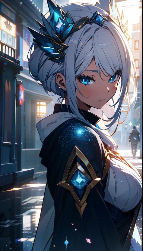 Ornamented young moon goddess with white hair on a sparkling dark blue fantasy moon scaffold with wings and soft features., Dark blue sparkling eyes, white glowing angel wings, bright lights and sparks, Anime a goddess, Rendering on Unreal Engine + a godde...