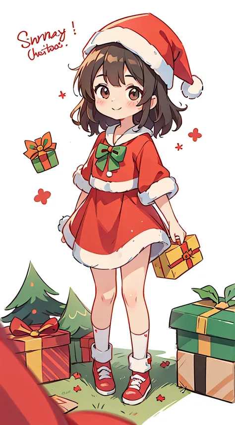 fundo vermelho，A cute girl dressed as Santa Claus and a gift、A smile、