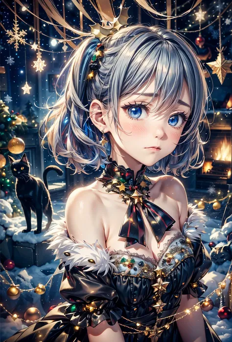 absurderes, ultra-detailliert,bright colour, Short hair,Blonde hair with fluffy short twintails:1.2)Shiny hair,(gothic lorita:1.3),(Embarrassed and embarrassed face:1.3),(Christmas tree:1.3),(Christmas Decorations:1.3),(attached an LED light to the wall),(...