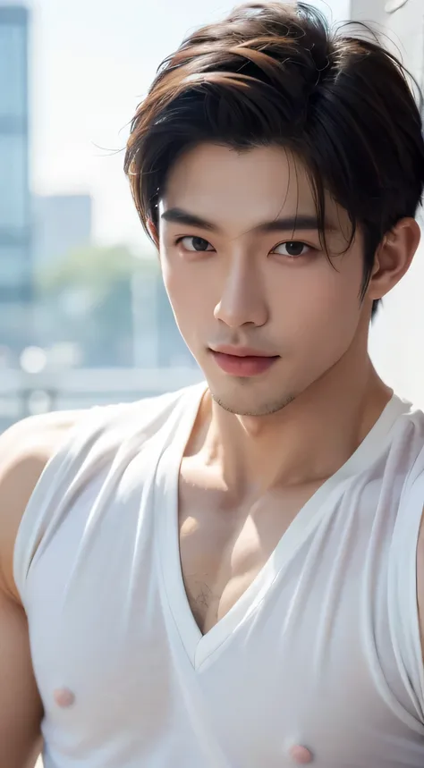 tmasterpiece, Best quality at best, 1 boy, Asian male, East Asians, One guy, Muscles are well proportioned,  posture, Short hair details，The face is very delicate，Smilingly, white teeth, white  shirt，Half dip，The chest muscles can be clearly seen, gym back...