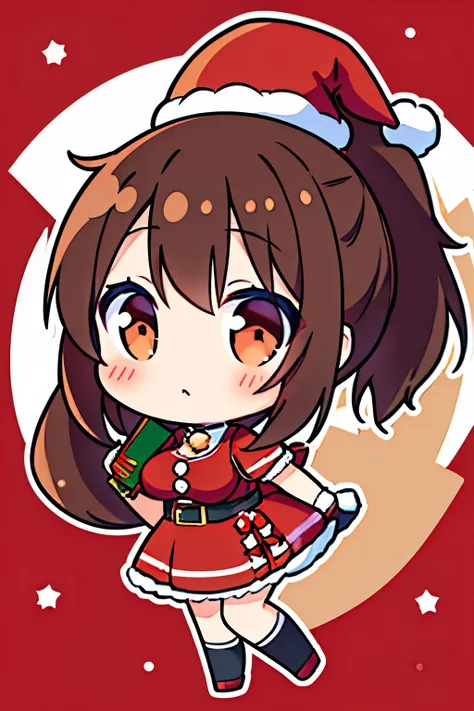 "anime girl, 1 person, dark brown hair, ponytail, ponytail, tied hair, brown eyes, socks, santa hat, santa outfit, santa outfit, winter outfit, red dress, big breasts, blushing, full body, snowfall, christmas gift box, christmas, solo, front view,chibi,ful...