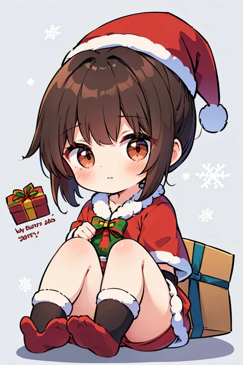 "anime girl, 1 person, dark brown hair, ponytail, ponytail, tied hair, brown eyes, socks, santa hat, santa outfit, santa outfit, winter outfit, red dress, blushing, full body, snowfall, christmas gift box, christmas, solo, front view,chibi,full body (full ...