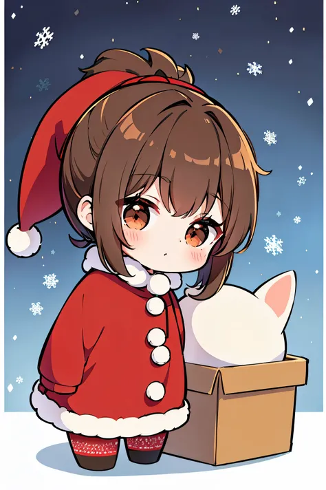 "anime girl, 1 person, dark brown hair, ponytail, ponytail, tied hair, brown eyes, socks, santa hat, santa outfit, santa outfit, winter outfit, red dress, blushing, full body, snowfall, christmas gift box, christmas, solo, front view,chibi,full body (full ...