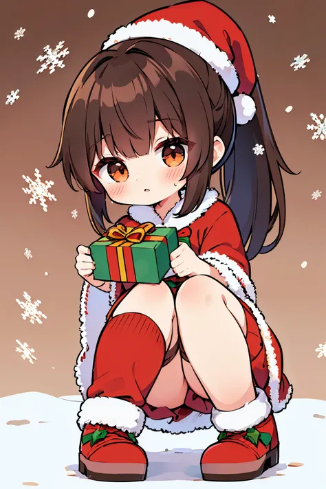 "anime girl, 1 person, dark brown hair, ponytail, ponytail, tied hair, brown eyes, socks, santa hat, santa outfit, santa outfit, winter outfit, red dress, blushing, full body, snowfall, christmas gift box, christmas, solo, front view,chibi,full body (full ...