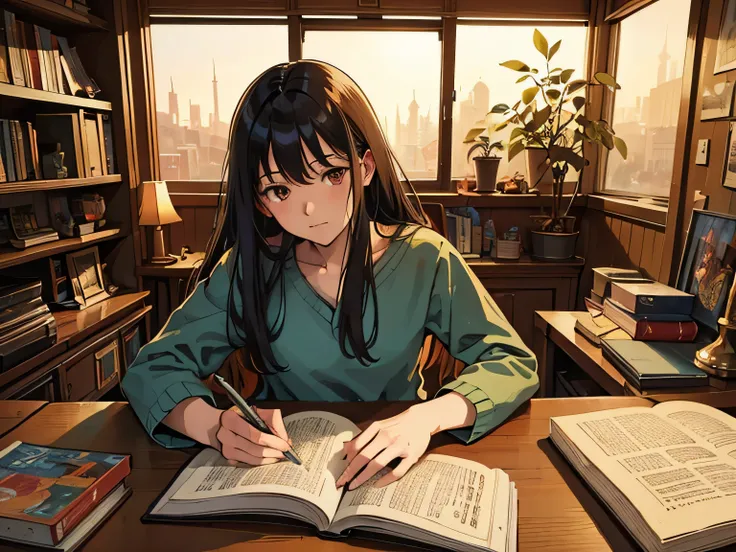 manhua,illustration,comic art,comic book style,traditional ink style,background,work bedroom,warm colors,soft lighting,books on the shelf,desk with computer and papers,artists tools,comfortable chair,window with curtains,artistic atmosphere,cozy ambiance,r...