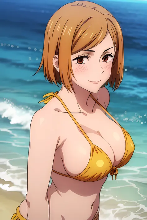 (masterpiece), (best quality), (ultra-detailed), (best illustration), (best shadow), (absurdres), nobarakugisakinova, short hair, orange hair, ((brown eyes)), kugisaki nobara, 1girl, solo, bangs, closed mouth, looking at viewer, upper body, (ocean backgrou...