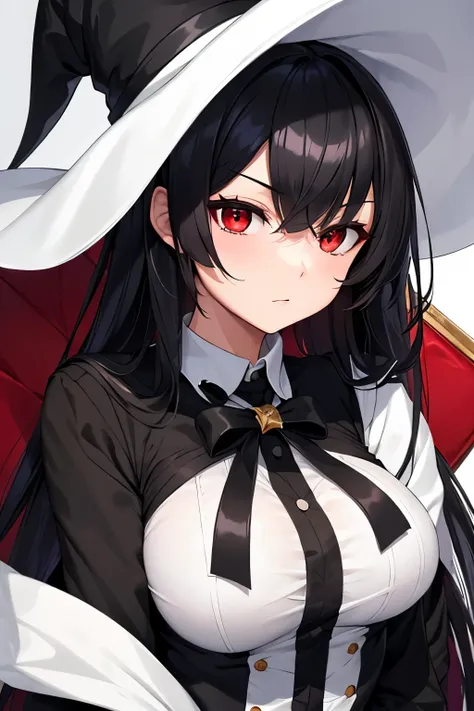 Beautiful girl, black sailor suit, long black hair, red eyes, sharp gaze, big breasts, sexy,