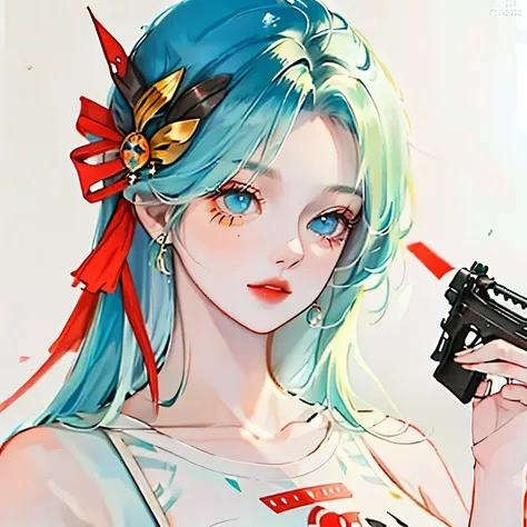 Girl, crazy, with gun, green-blue hair, scarlet eyes