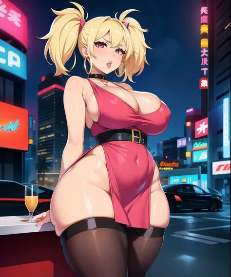 1girl,  (((bimbo))),hoop earrings, puffy lips, painted lips, thick lips. Wearing nice dress.
blonde hair, short twintails, wide hips, thick thighs, bursting breasts Nightlife, Night city, Cyberpunk city, futuristic cityscape. Neon lights, (skyscraper:1.1),...