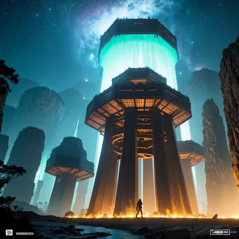 Alien Hexagonal Base (very detailed nipples) In a hexagonal mountain oasis，There are several hexagonal exhaust fans and chimneys, some neon lights projecting from the base，Light up the dark night), There are some clouds in the night sky, Some surrounding p...