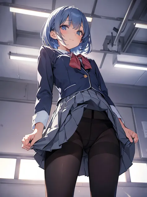 NSFW, High school girl standing in school classroom、masutepiece, Best Quality, hight resolution, ​masterpiece、BREAK ((From below:1.6))、((low angles:1.5))、((up skirt、skirt rift))、(Black pantyhose:1.5)、White panties under pantyhose、Stand with your buttocks s...