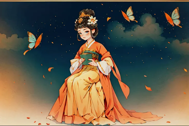 1 Sister, Alone, looking at viewert, face flushed, Background with, black hair color hair, hair adornments, Qing Dynasty flag head,. Princess Crown, longer sleeves, Gold set, white backgrounid, everlasting, Full body lesbian, flowers blooming, hairflower, ...