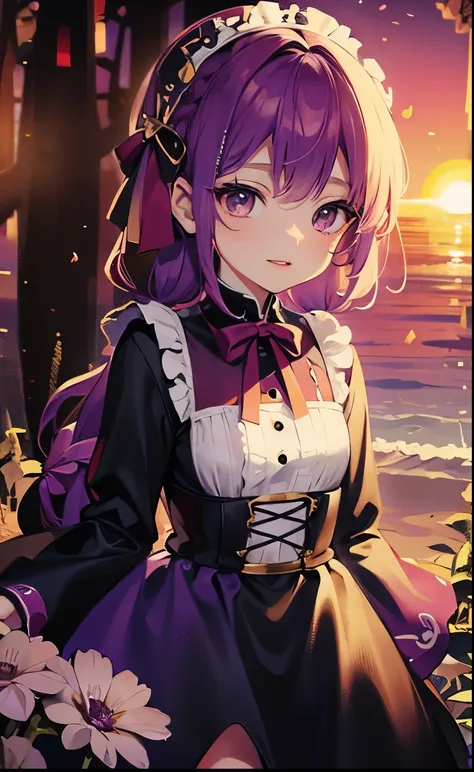 Purple colored hair，Purple colored hair，the sunset，sandbeach，beachside