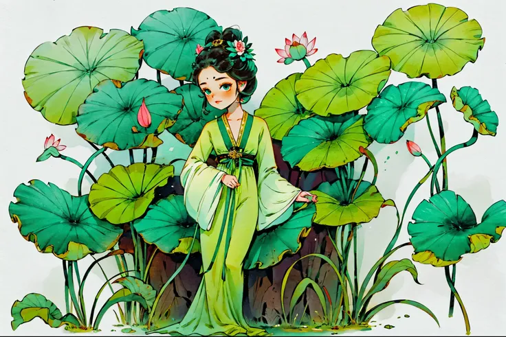 1 Sister, Alone, looking at viewert, face flushed, Background with, black hair color hair, hair adornments, longer sleeves, white backgrounid, Eternal, Full body lesbian, green color, lotus flower, Lotus leaf, flowers blooming, hairflower, hair-bun, butter...