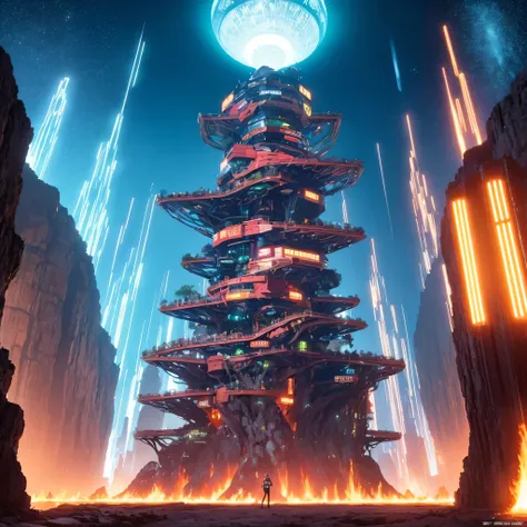 Alien Hexagonal Base (very detailed nipples) In a hexagonal mountain oasis，There are several hexagonal exhaust fans and chimneys, some neon lights projecting from the base，Light up the dark night), There are some clouds in the night sky, Some surrounding p...