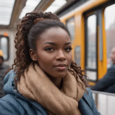 ((Dark African skin, Very deep ebony skin)), ((Its beauty is undeniable)), ((Excited cute face)), ((Hyper detailed perfect eyes,)), ((Language output)), ((Tired)), sexy, ((beige warm winterjacket, jeans, public transport, sitting in the tram)), ((Afro pony...