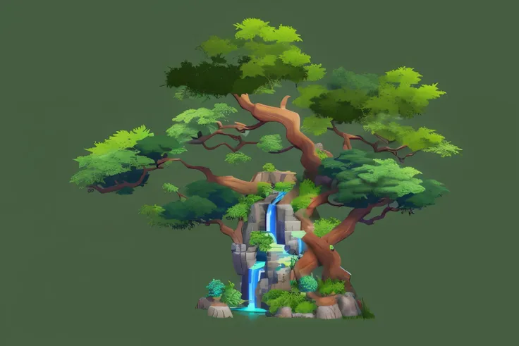 There is a small tree，There is a waterfall in the background, game assets of plant and tree, game assets, stylized game art, isometric game assets, props containing trees, Made of trees and fantasy valley, Stylized 3D rendering, rpg game environment assets...