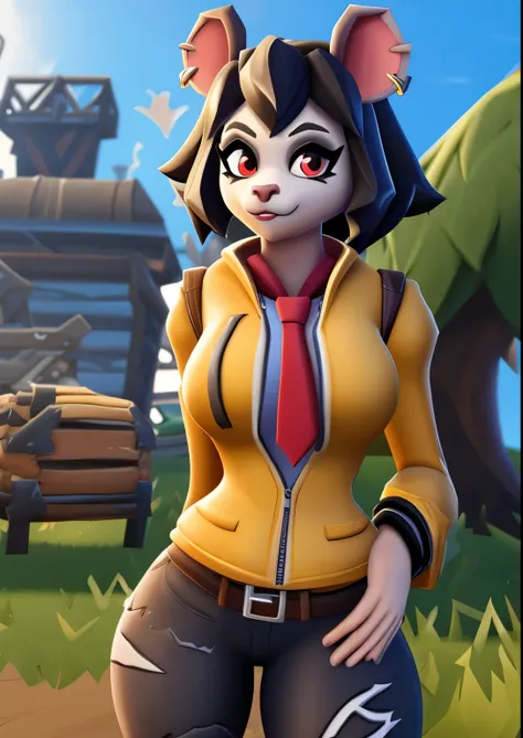 Camille, anthro female, rat, rat tail, red necktie, (red eyes), necktie, Black fur, pink inner ear, (fortnite), wide hips, ear piercing, buckteeth