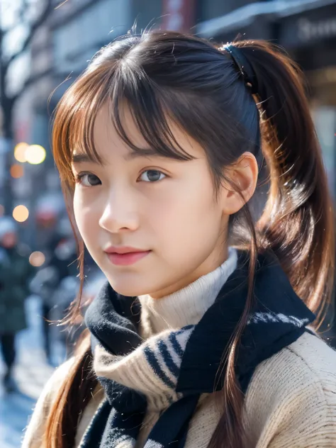 Photorealsitic, 8k full-length portraits, Beautuful Women, A charming expression, poneyTail, sixteen years old, TOKYOcty, Winters, Shibuya in the background