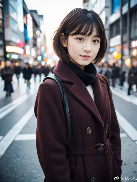 Photorealsitic, 8K, Full body portrait, Beautuful Women, A charming expression, Shorthair, sixteen years old, TOKYOcty, Winters, Shibuya in the background