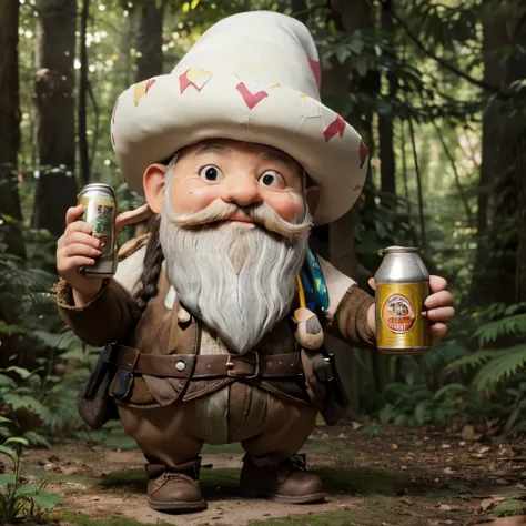 (highres:1.2),gnome,humoristic,photo-realistic,tall pointed hat,bushy white beard,playful expression,small,gigantic nose,cheerful eyes,holding a can of mushrooms,surrounded by colorful mushrooms,magical forest background,soft natural lighting