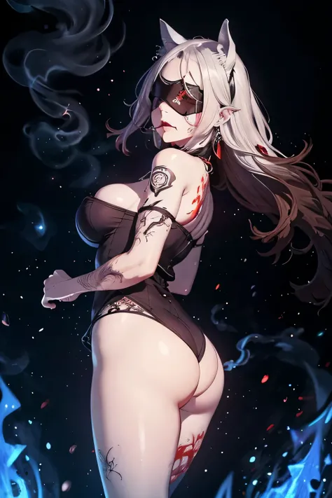 ((Marl、Horse ear headband、fake horse ears)）、(lightly dressed、cleavage of the breast、fully body photo、Beautiful legs)、((Dark、Blind Mask、blindfolds、Atrocious、deadpan、Death row inmates、Large piercings、Large earrings、Standing、T back、Surrounded by blue flames、S...