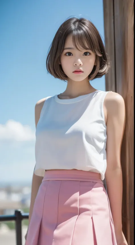 ((Top quality, masterpiece)), (Japanese wearing white camisole mini and pink skirt: 1.3), (Small breasts: 1.2), (Maste piece, best quality: 1.2), 8K, 18 years old, Raw photo, ( Sad face: 1.3), beautiful girl, blue sky, detailed face, bokeh background