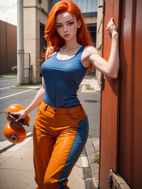 Beautiful red hair, blue eyes, orange jumpsuit, clothes, loose hair, American, 19 years old, beautiful woman, prisoner, rollerskating on a prison yard, cute, 1girl