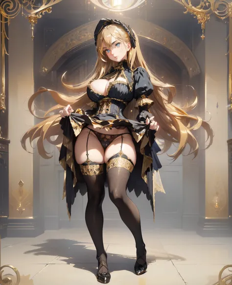 (Masterpiece, High Quality, High-Detailed, Detailed CG, Cinematic Lighting, Beautiful Detailed Eyes, Ultra Resolution, Full Body Shot), (Erotic Suggestiveness:1.0), (Victorian Aesthetic Outfit:1.5), (Gold and Black Color Victorian Aesthetic Outfit:1.5), (E...