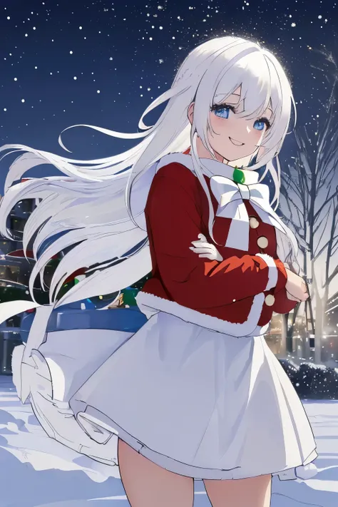 Chica anime, ((Masterpiece), top-quality, Top image quality, ((((solo)))), ((((white hair)))), long hair, Beautiful blue eyes, Shining eyes, dye ones cheeks red, smile, teens girl, 18yo, cute, Santa Claus costume, mini skirt, snowflakes falling, Heavy snow...