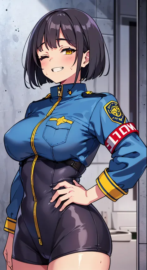 (Perfect body),Best Quality,(8K Portrait),(anime screen cap)、((Police Woman)),blush,Sweat,((large udder))、(Dark hair),((bob cuts))、Yellow eyes,(((thick thighs))),((((Navy blue leotard))))、from behind、((A smile))、Cowboy Shot、((saluting))、((((Left hand on hi...