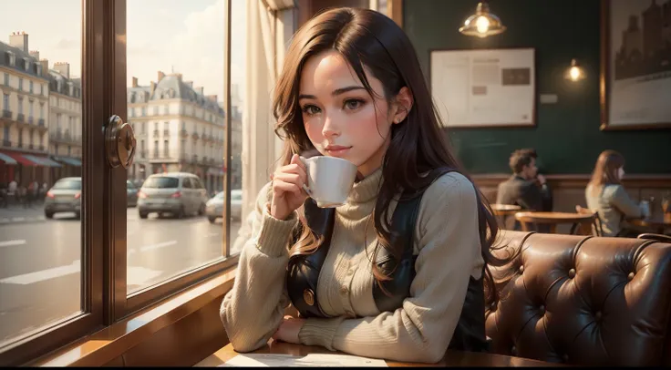 Draw a scene of a Parisian café with a cup of coffee with a girl