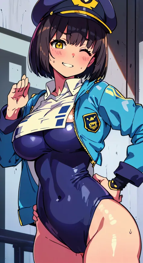 (Perfect body),Best Quality,(8K Portrait),(anime screen cap)、((Police Woman)),blush,Sweat,((large udder))、(Dark hair),((bob cuts))、Yellow eyes,(((thick thighs))),((((Navy blue leotard))))、from behind、((A smile))、Cowboy Shot、((saluting))、((((Left hand on hi...