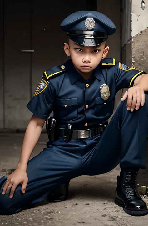 12 years old male boy, serious face, angry face, detail police uniform, wear cap, Shaved head faded sides lying down, leg open widely, look on uniform belt trouse, REALISTIC, dirty prison background, urine on ground, whip butt, closer look on belt, view fr...