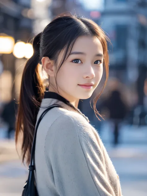 Photorealsitic, 8k full-length portraits, Beautuful Women, A charming expression, poneyTail, sixteen years old, TOKYOcty, Winters, Shibuya in the background