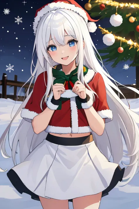 Chica anime, ((Masterpiece), top-quality, Top image quality, ((((solo)))), ((((white hair)))), long hair, Beautiful blue eyes, Shining eyes, dye ones cheeks red, smile, teens girl, 18yo, cute, Santa Claus costume,  midriff peek, mini skirt, snowflakes fall...