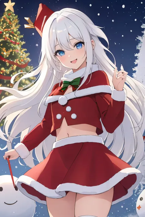 Chica anime, ((Masterpiece), top-quality, Top image quality, ((((solo)))), ((((white hair)))), long hair, Beautiful blue eyes, Shining eyes, dye ones cheeks red, smile, teens girl, 18yo, cute, Santa Claus costume,  midriff peek, mini skirt, snowflakes fall...