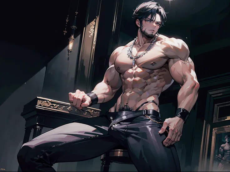 ((Masterpiece, Highest quality)), Detailed face, dramatic lighting, dark colors and atmosphere, full body, Full of details, frontal body view, back body view, Highly detailed, Depth, Many parts, Muscle boy with short black hair，handsome man, mercenary, man...