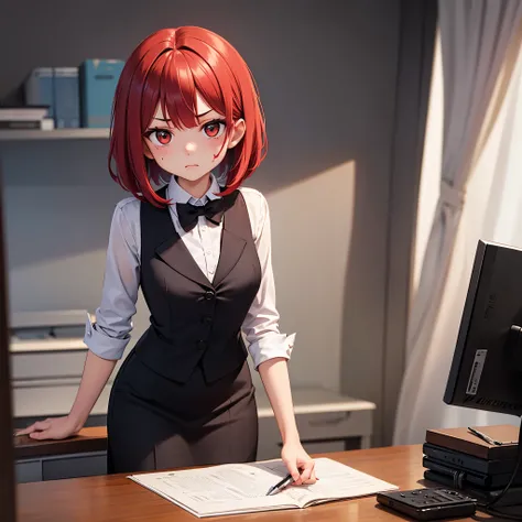 only one girl, 1girl, formal office dress, blood red hair color, classic bob hairstyle, in the office room, stern face, looking at the viewer, holding a pen, stand straight