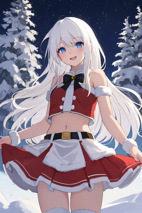 Chica anime, ((Masterpiece), top-quality, Top image quality, ((((solo)))), ((((white hair)))), long hair, Beautiful blue eyes, Shining eyes, dye ones cheeks red, smile, teens girl, 18yo, cute, Santa Claus costume,  midriff peek, mini skirt, snowflakes fall...