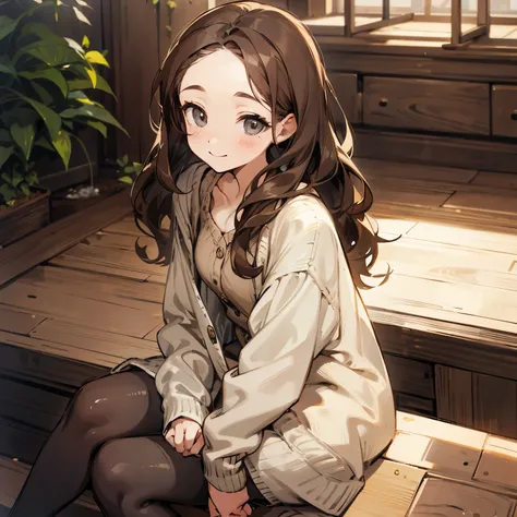 brown wavy hair woman、Forehead、wearing a cardigan over a sundress、sitting on、A slight smil、20 years old、be shy、a room、grey  eyes