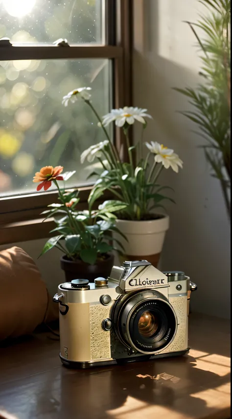 A classic camera on table, side camera is flower pot, sunray through window, bokeh effect