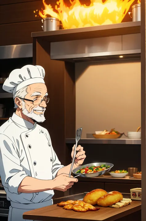 old man, chef, cooking, fire,white hair,beard,smile,frying pan,serving food