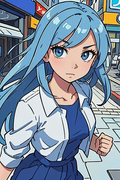 (best-quality:0.8), (best-quality:0.8), perfect anime illustration, extreme closeup portrait of a pretty woman, blue hair, walking through the city