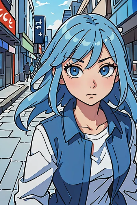 (best-quality:0.8), (best-quality:0.8), perfect anime illustration, extreme closeup portrait of a pretty woman, blue hair, walking through the city