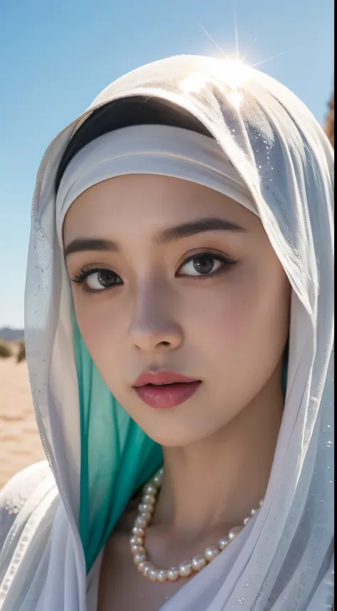 Dilraba Dilmurat, face veil, hijab, jilbab, muslim face mask, mouth veil, freckles, eyes mascara, masterpiece, best quality, photorealistic, glowing sparkly skin, soft lighting, voluptuous, cleavage, windy desert, blowing swirling sand grains, sunny backli...