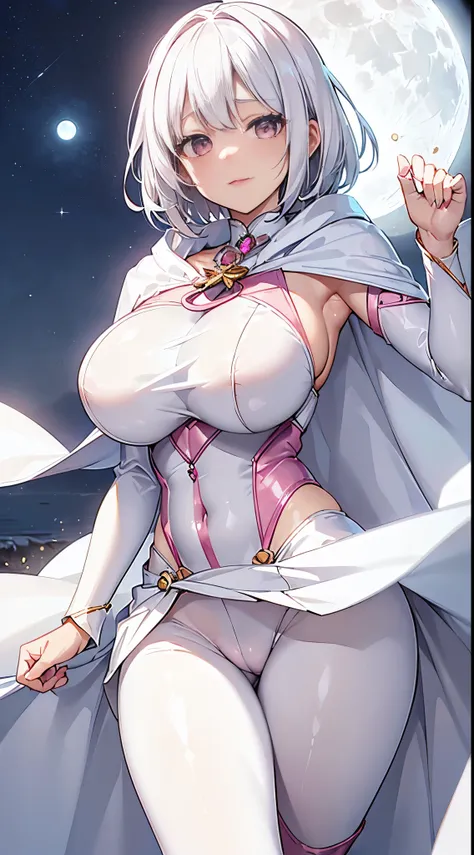 One lady,14years,((White hair) ,((())), ((Large breasts)), (())(()),((White microskirt,Shiny pink bodysuit and short white cloak)),,(,),((Fantasy,Moon Night))((Clothes are torn))